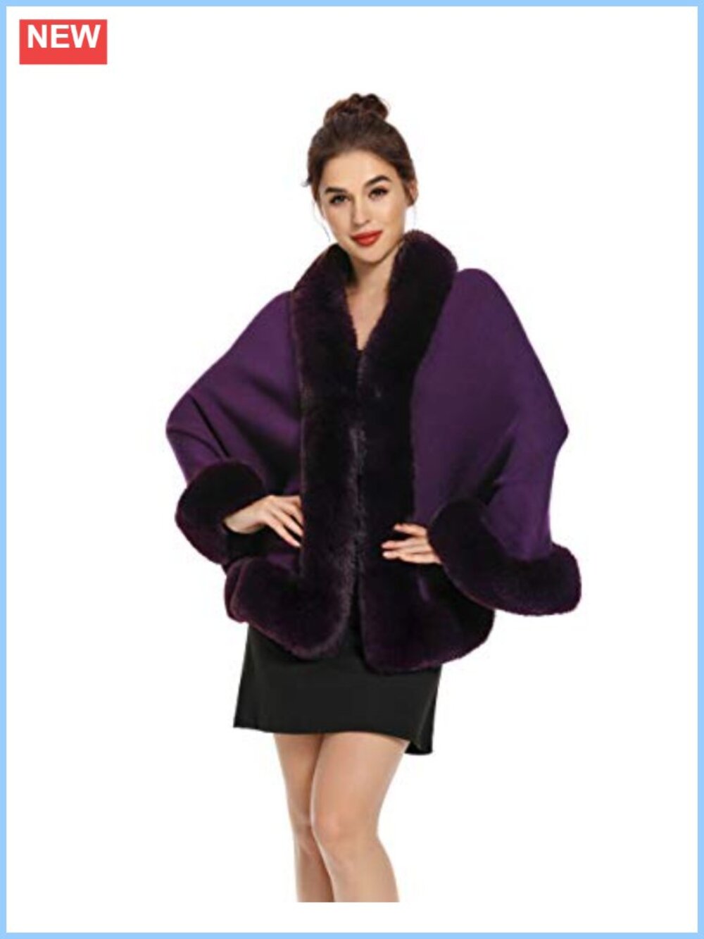 Faux Fur Trim Knit Shawl Stole Wrap Cape for Winter